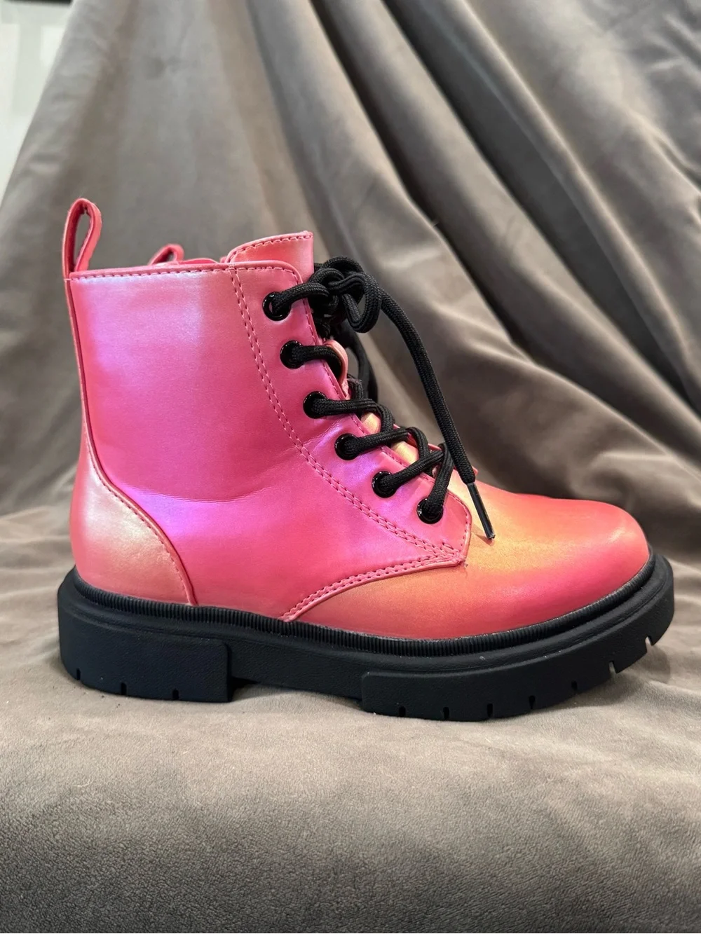 Art Class Pink Iridescent Combat Boots with Black Lug Sole